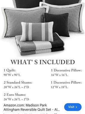Madison Park Gray and Black Quilt Set- decorative pillows+pillows not included